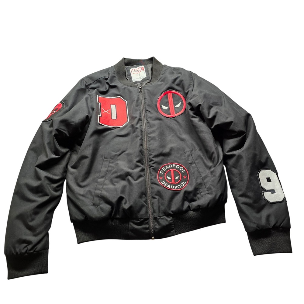 Marvel Deadpool Bomber Jacket Mens M Black Marvel Comics Full Zip Patch Varsity